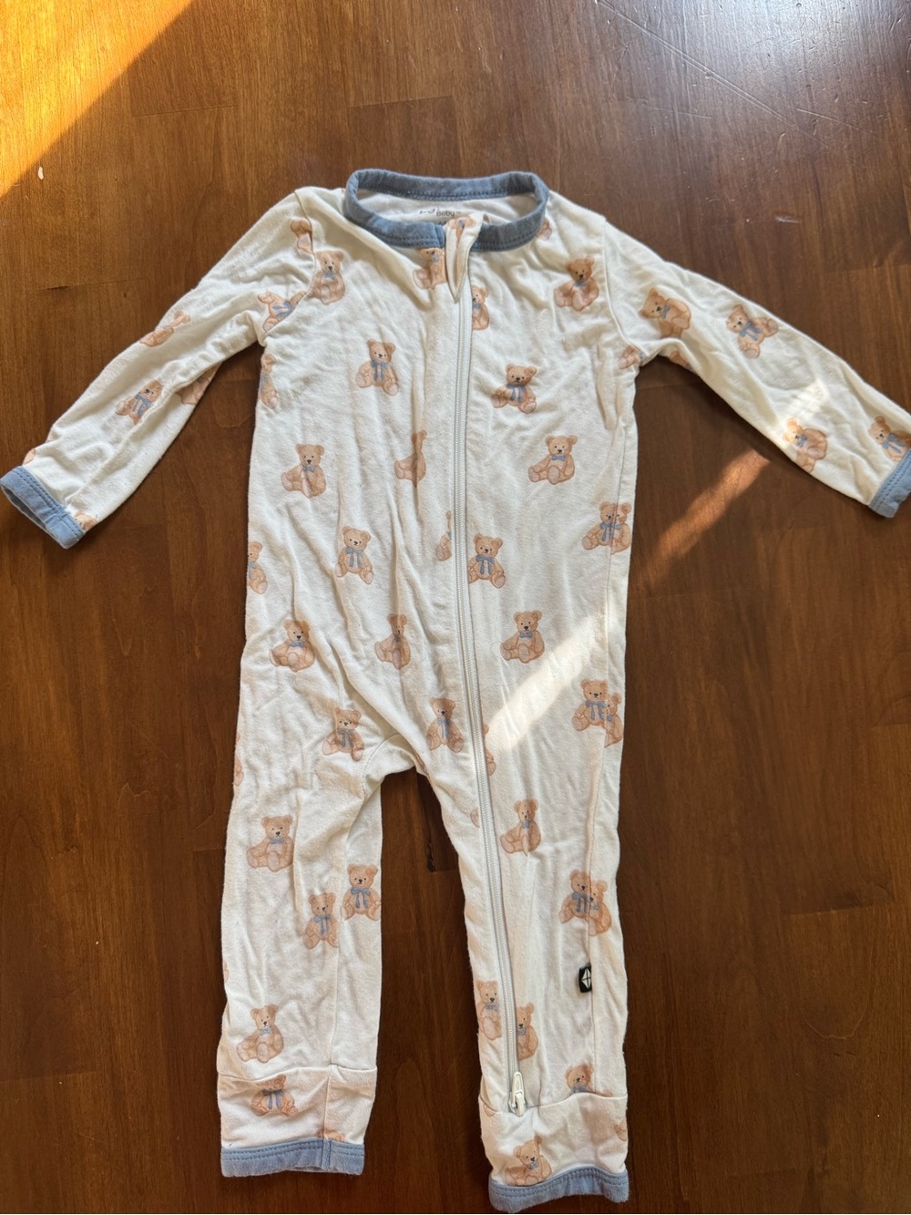 Kyte BABY Cream Teddy-Print Zip One-Piece with Blue Trim